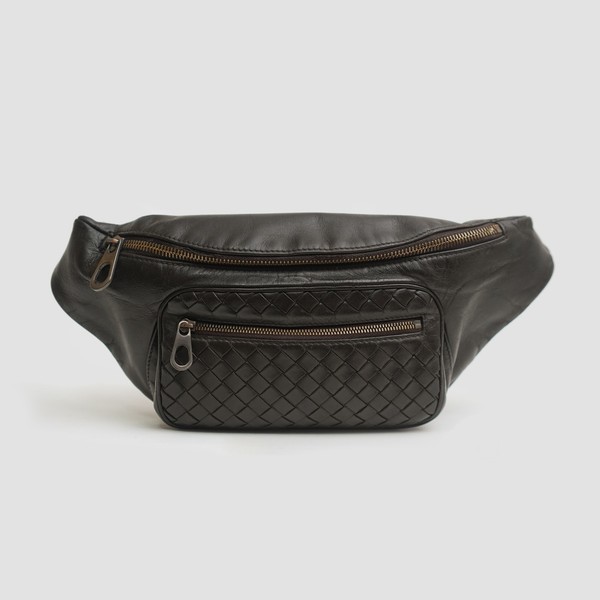 Bottega Veneta Brown Leather Intrecciato Weave Crossbody Waist Bag Unisex 