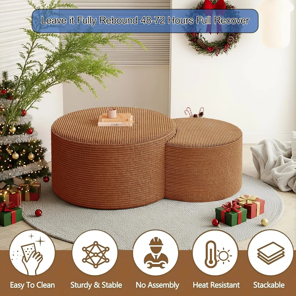 Nesting Coffee Table Set of 2, Upholstered round Corduroy Circle Foam round Side - Image 4 of 4