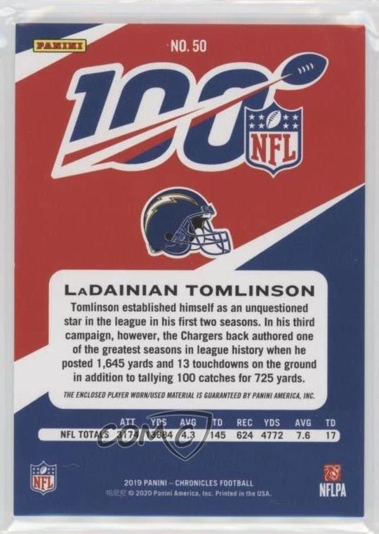 2019 Panini Chronicles NFL 100 Jersey /99 LaDainian Tomlinson #50 HOF - Image 2 of 2