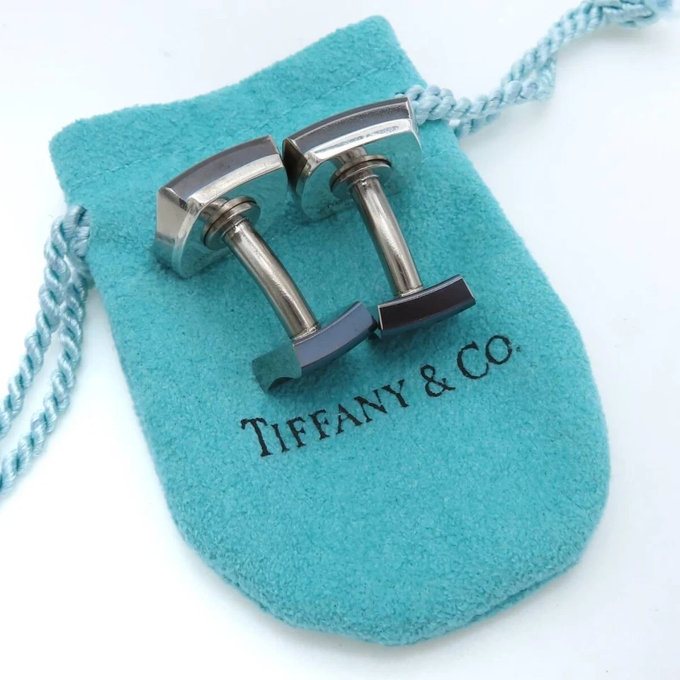 Tiffany & Co. 1837 Square Cufflinks Black Titanium Sterling Silver Jewelry Pouch - Image 2 of 4