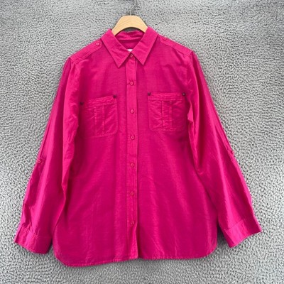 Chicos Shirt Women 1 US Medium Pink Silk Blend Button Up Collar Roll Tab Sleeve*