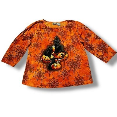 Vintage 90s Halloween Shirt Black Cats Pumpkins Spiderwebs Sequins Orange Large