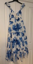 Nobody's Child White/Blue Floral Broderie Cotton Midi Dress V-Neck Tiered UK 6