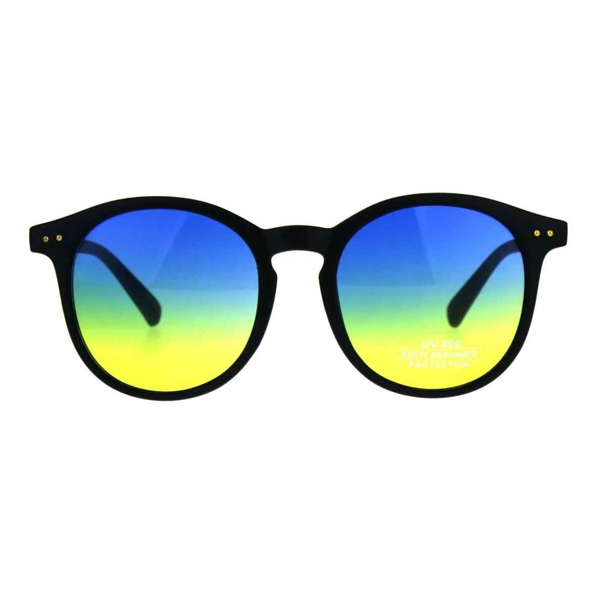 Womens Round Horn Rim Sunglasses Matte Black Frame Ombre 2 Tone Color Lens