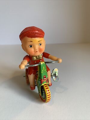 Boy on Ringing Tricycle China Tin & PlasticWind-up Toy Old