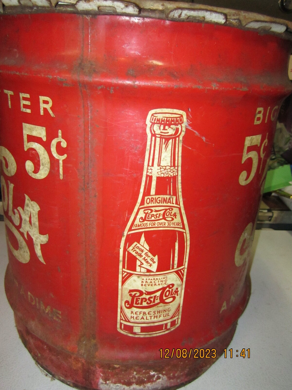 PEPSI COLA STEEL DOUBLE DOT 5 GALLON SYRUP CONTAINER,MARKED OSHKOSH