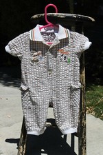 Vintage Baby Togs Romper beige and cream seersucker "gone fishing" sz 3/6 months