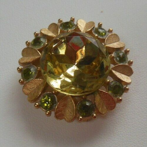 Avon Lovely Round Green and Yellow Rhinestone and Brooch