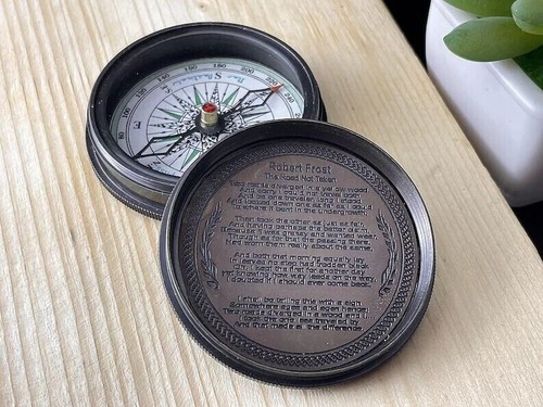 Antique Brass Compass With Leather Case Vintage Poem Compass Best Christmas Gift - 第 3/5 張圖片