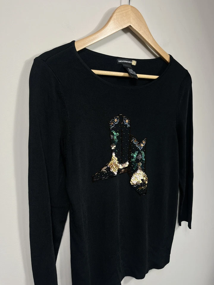 Свитер женский Sweaterworks черный с блестками рукав 3/4 ковбойский вестерн родео кантри - Изображение 3 из 4