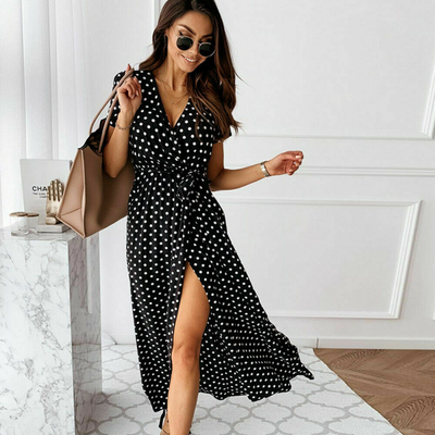 V Neck Polka Dot Wrap Casual Maxi Dress 