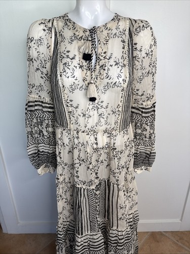 Anthropologie Size S Beige Black Sheer Tiered Boho Dress Long Sleeve Tassel Tie