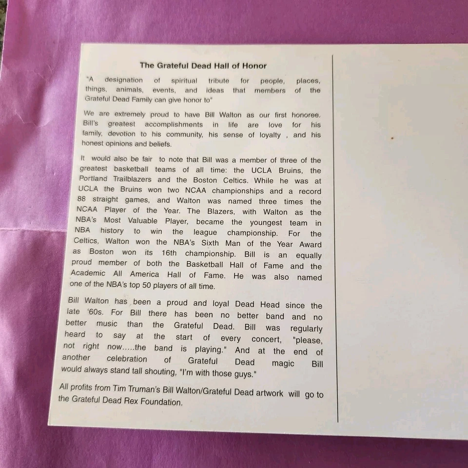 Tarjeta postal Grateful Dead Bill Walton Hall of Honor rara Foto 4 de 4