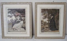 2 Signed Framed Stipple Engravings by Eugene Tily Woman & Dog Parchment ca1908