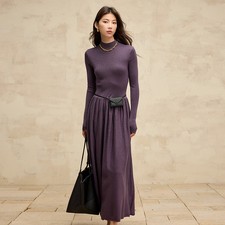 Turtleneck Wool Blend Dress Women's Knitted Long High Waist Elegant A-line Dress