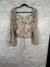 Sweet Lemon Floral Crop Top Long Sleeve Tie Front Size Large