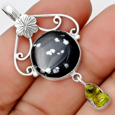 Schneeflocke Obsidian & Peridot grob 925 Sterling Silber Anhänger Schmuck P-1455