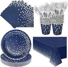 Disposable Birthday Supplies Navy Blue Silver Plates Cups Tableware Set
