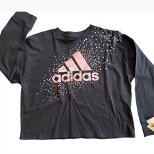 Adidas Girls Black Rose Gold Metallic Logo Long Sleeve Loose Fit Tee Shirt L 14