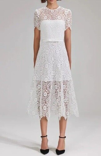 SELF-PORTRAIT White Short Sleeve Floral Lace A-Line Midi Dress Size 10 NWTS