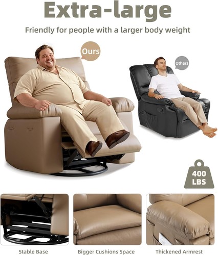 PU Leather Oversized Manual Recliner Chairs with with 1.5X Sponge 22" Seat Width - Picture 4 of 16