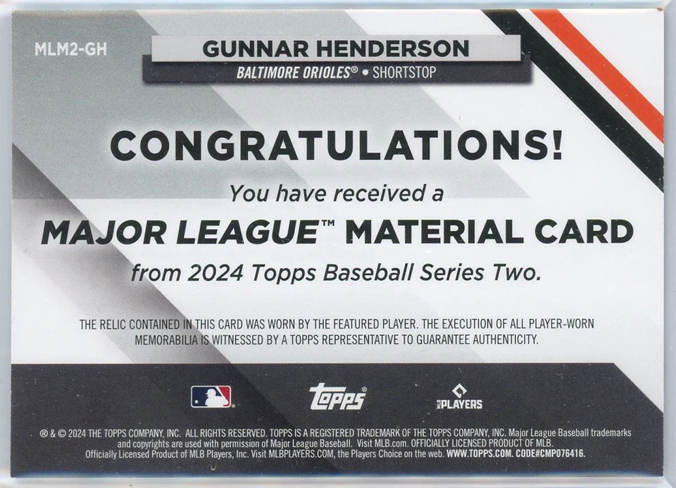2024 Topps Major League Material #MLM2GH Gunnar Henderson - Image 2 of 2