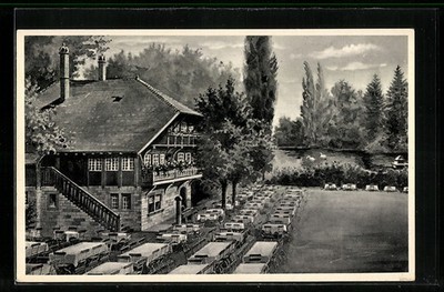 Karlsruhe, Gasthof Schwarzwaldhaus from the bird's eye view, postcard 