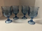 VTG Anchor Hocking Savannah Blue Water Goblets Embossed Raised Rose - Set of 4