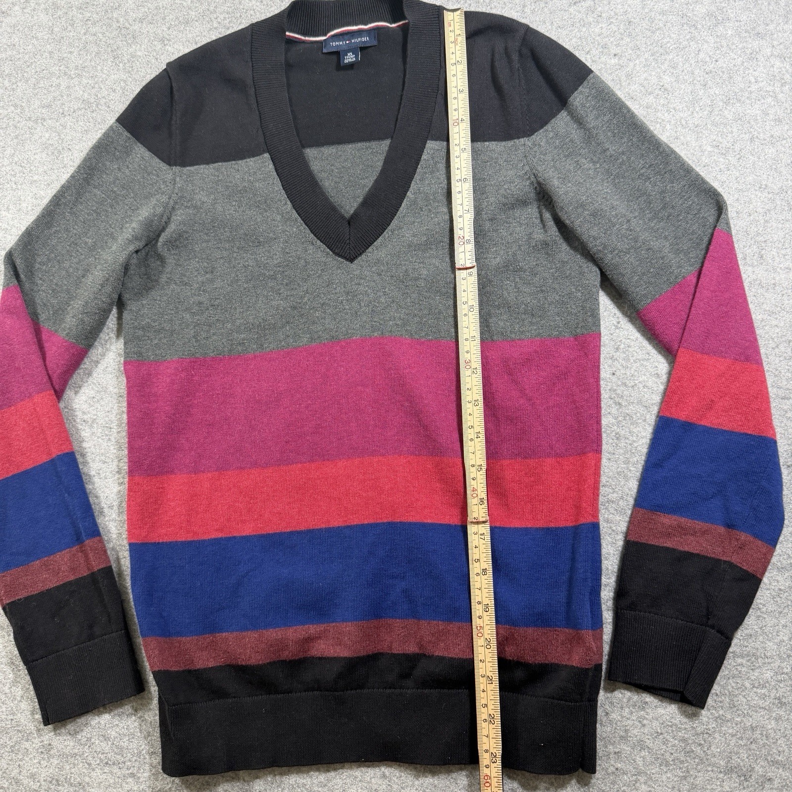 Tommy Hilfiger V Neck Sweater Womens XS Striped Colorful Preppy Classic Casual thumbnail 4