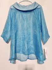 IC Collection Blue Mesh Cowl Neck 3/4 Sleeve ...