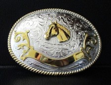  Horse Head Silver  Gold Colored Western Style Belt Buckle Large 4" New w/ Tag
