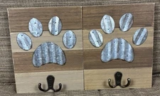 2 Dog Leash/Collar Hanger Decorative Wooden/Metal Paw Wall Mounted Hooks