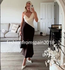 ZARA NEW WOMAN ASYMMETRIC STRAPPY COMBINATION MIDI DRESS ECRU BROWN 5029/185/086