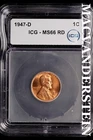 1947-D Lincoln Wheat Cent-ICG MS 66 RD Choice Gem BU No Reserve #SLL855