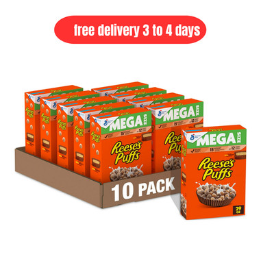 10 pk REESE'S PUFFS Breakfast Cereal,Chocolatey Peanut Butter Cereal,Mega,29 oz