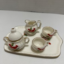 MINIATURE Porcelain LEFTON Cardinal Bird Holly Leaf 6 pcs Tea Set