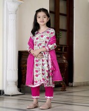 Girls Ethnic Anarkali Kurta Set 3 Pc Floral Cotton Kurti Pants Dupatta Outfit