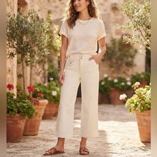 Anthropologie Maeve Ivory High Rise Wide Leg Cropped Pants Slit Pocket NWT Sz 4