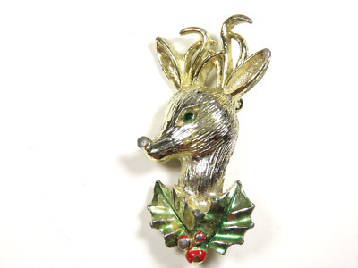 Gerry's Christmas Reindeer Brooch Pin  Rhinestone Eye Enamel Vintage Holly C5259