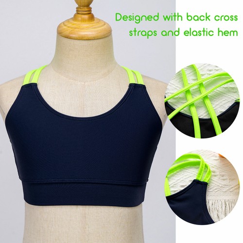 Kids Girls Crop Top Sleeveless Slant Shoulder Stretchy Vest Training Sport Bra - Picture 3 of 52