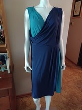 NWT Daisy Fuentes Woman Navy Turquoise Wrap Bodice Sleeveless Dress 1X