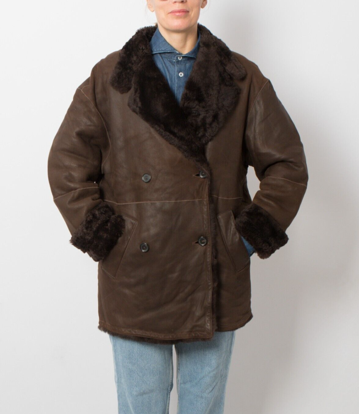 RENE LEZARD Suede Shearling Coat Double Breasted Large Size