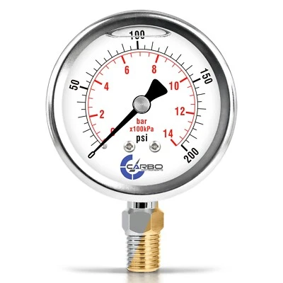 CARBO INSTRUMENTS 2-1/2" Pressure Gauge, Stainless Steel Case, Liquid Filled, Lower Mnt 200 PSI