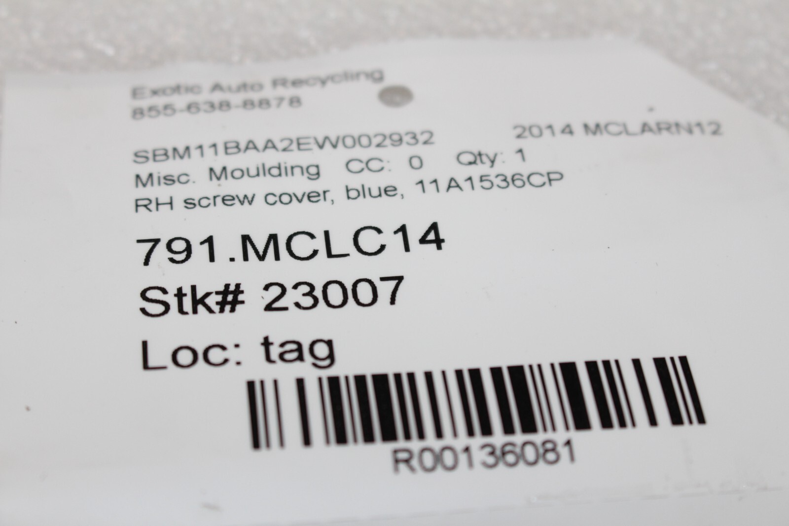 McLaren MP4-12C, RH, Right, Screw Cover, Blue, Used, P/N 11A1536CP