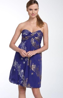 Robe Cocktail Nicole Miller Sans Bretelles - Soie Lurex Fleurie Bleu Cobalt - Taille 10 Neuve