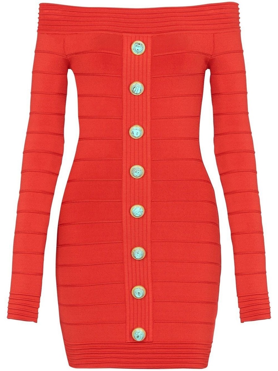 $3350 New BALMAIN Mini Bodycon Stretch Dress Knitted Denuded Of Shoulder  Red 38 | eBay