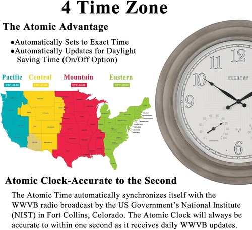 Oversized 24" Farmhouse Grey Oak Atomic Clock - Weatherproof with Temp Display - Picture 4 of 11
