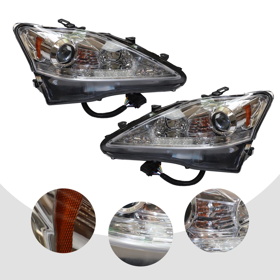 Pair Headlights For 2006-2013 Lexus IS250 IS350 LED DRL Projector Chrome LH & RH - Image 2 of 4
