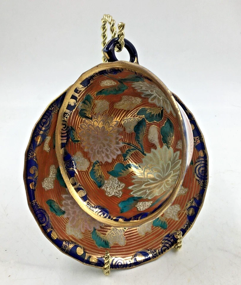 Taza/platillo dorado pintado a mano multicolor crisantemo porcelana Kutani Meiji de colección Foto 3 de 4