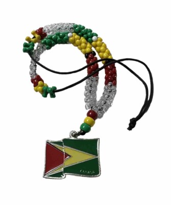 Guyana Flag Beaded Necklace With Leather String Hand Assembled New